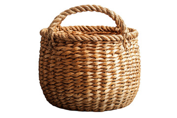 A rustic handwoven wicker basket with a sturdy rope handle perfectly isolated against a stark black background showcasing its intricate on transparent background