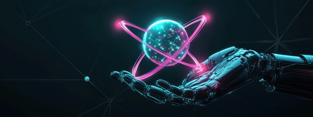 A robotic hand holds a glowing atom, symbolizing the fusion of technology and science.