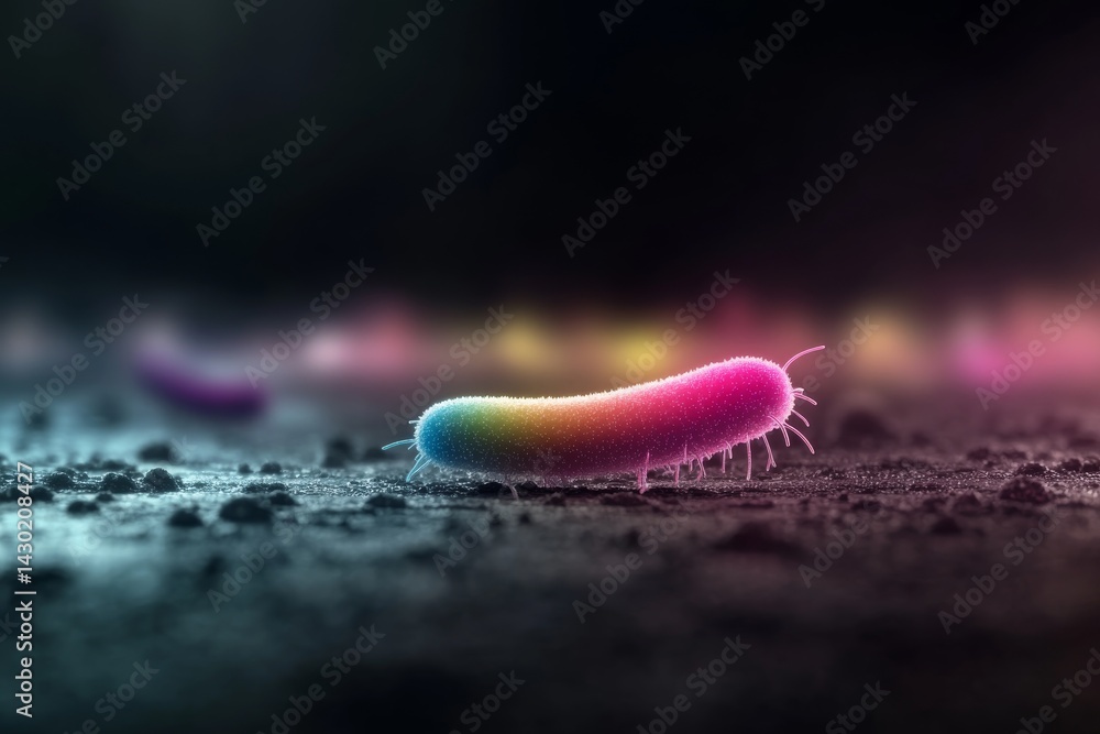 Poster A macro view showcases a radiant bacterium with glowing edges, surrounded by blurred microorganisms in various colors against a dark gradient backdrop