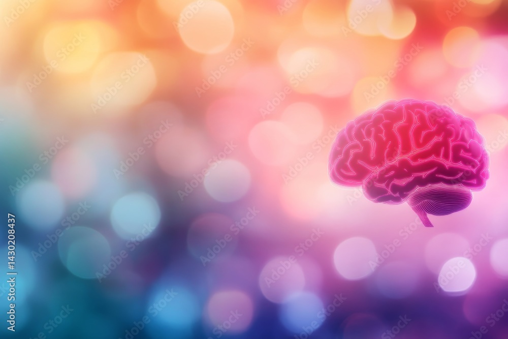 Poster Colorful brain depicted as a puzzle with interconnected pieces and glowing lines highlights themes of unity and neurodiversity, featuring ample copy space on the left