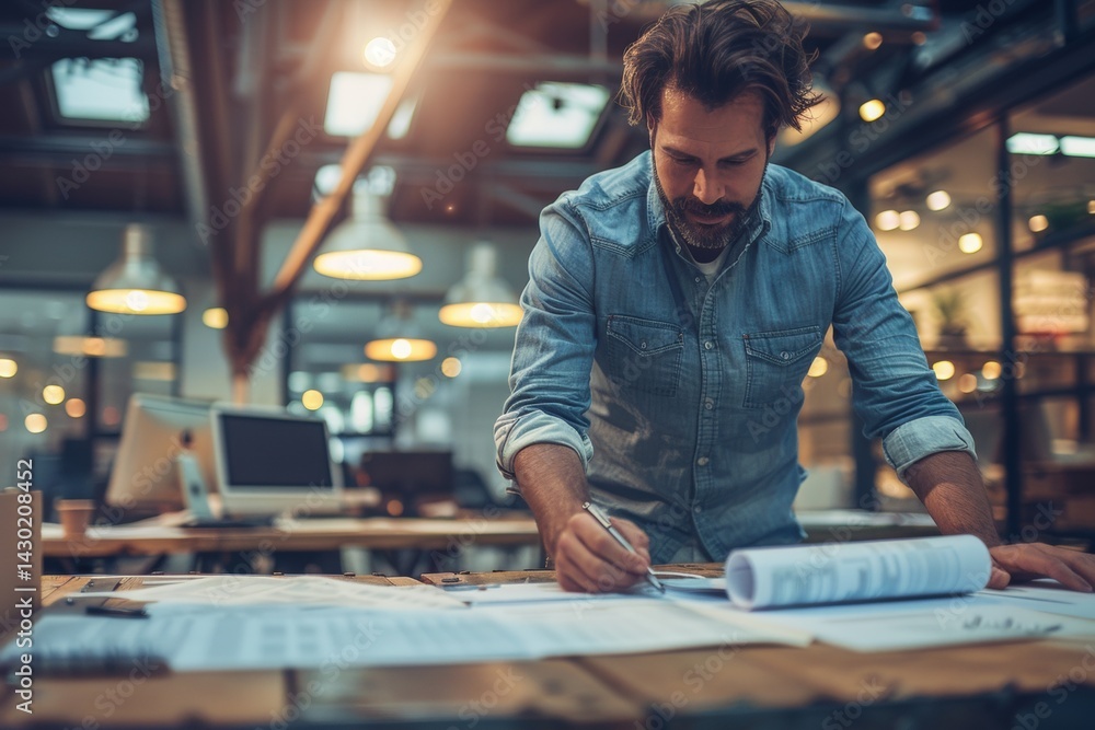 Poster focused man analyzing blueprints in a modern workspace.