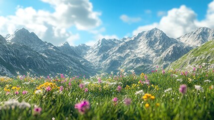 A scenic mountain landscape filled with colorful wildflowers under a bright blue sky.