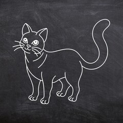 Cat seamless set on black background. Sketch of cat on chalkboard. Line art of animal on black board