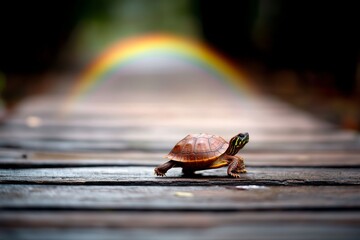 In a tranquil garden, a single turtle makes its slow journey across a wooden path while a colorful rainbow arcs gracefully overhead in a whimsical setting