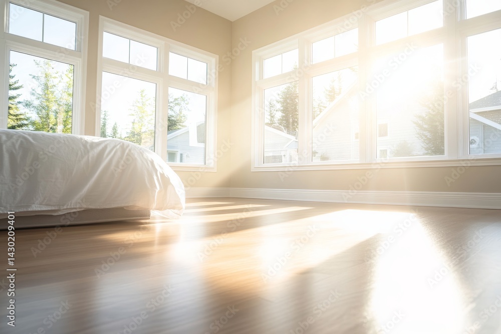 Aufkleber bright sunlight filters into a contemporary bedroom with a single bed dressed in white linens, creat
