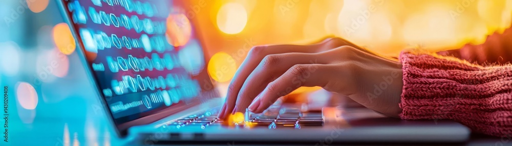 Poster dedicated individual concentrating on task while typing on a laptop in a bright and inviting workspa