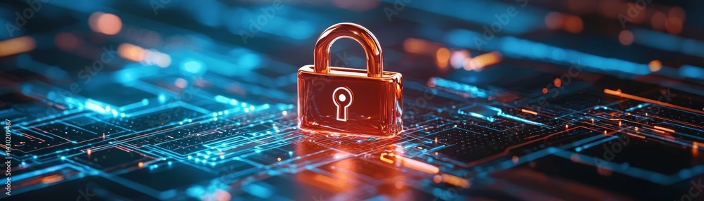 Poster sturdy padlock positioned on a computer highlighting the concept of digital security in the modern t