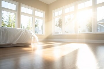 Fototapeta premium Bright sunlight filters into a contemporary bedroom with a single bed dressed in white linens, creating a serene atmosphere with minimal decor