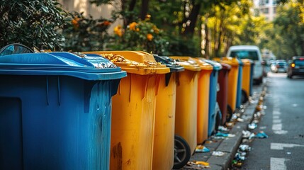 Fototapeta premium Colorful Garbage Bins in City Setting