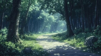 Obraz premium Road in the forest with sunbeams and rays of light.