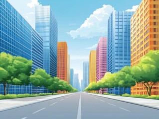 City landscape with road and skyscrapers in the background. Vector illustration.