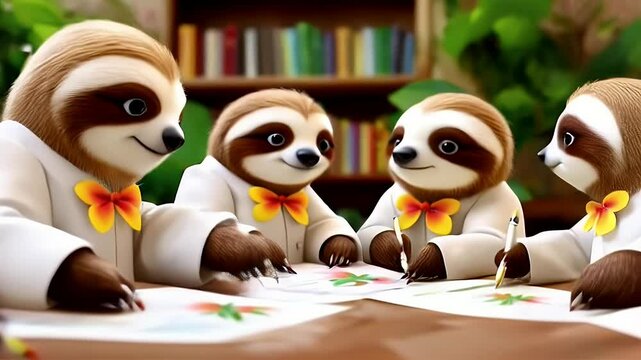 Eye Level Six Sloths in White Shirts Drawing at a Wooden Table Surrounded By Books and Green Plants with Pencils for Adobe Stock