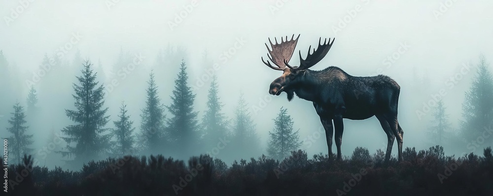 Poster mysterious moose wandering through a foggy forest surrounded by dense trees creating an enigmatic at
