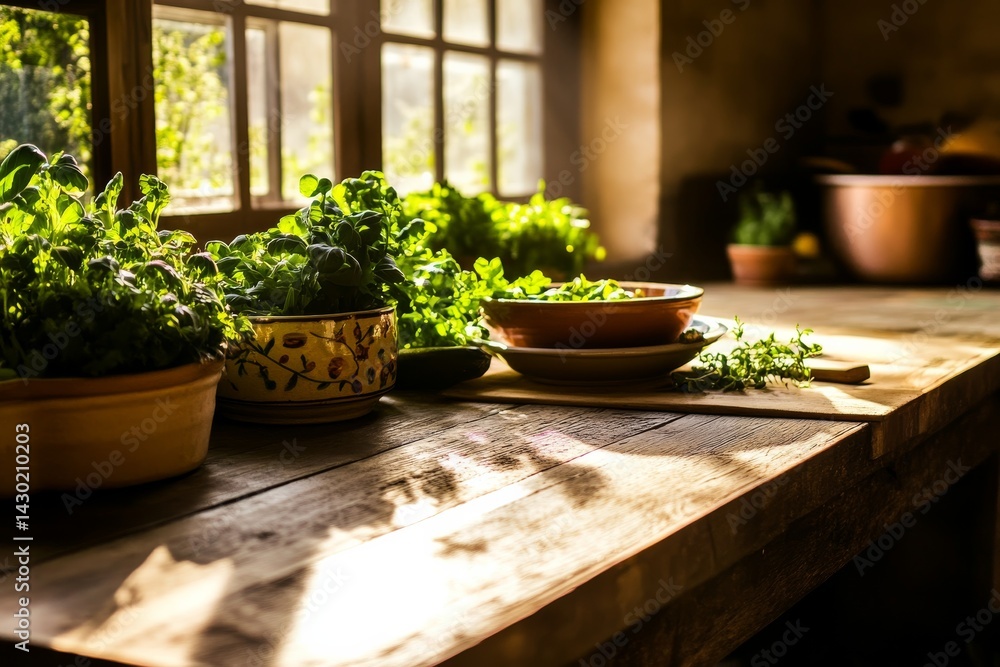 Poster sunlight streams into a rustic farmhouse kitchen, casting light on a wooden table abundant with fres
