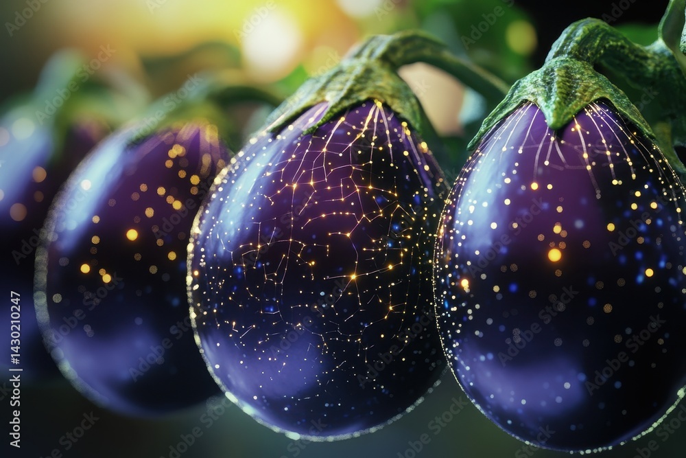 Poster unique close-up of eggplants with sparkling star-like patterns on their surface