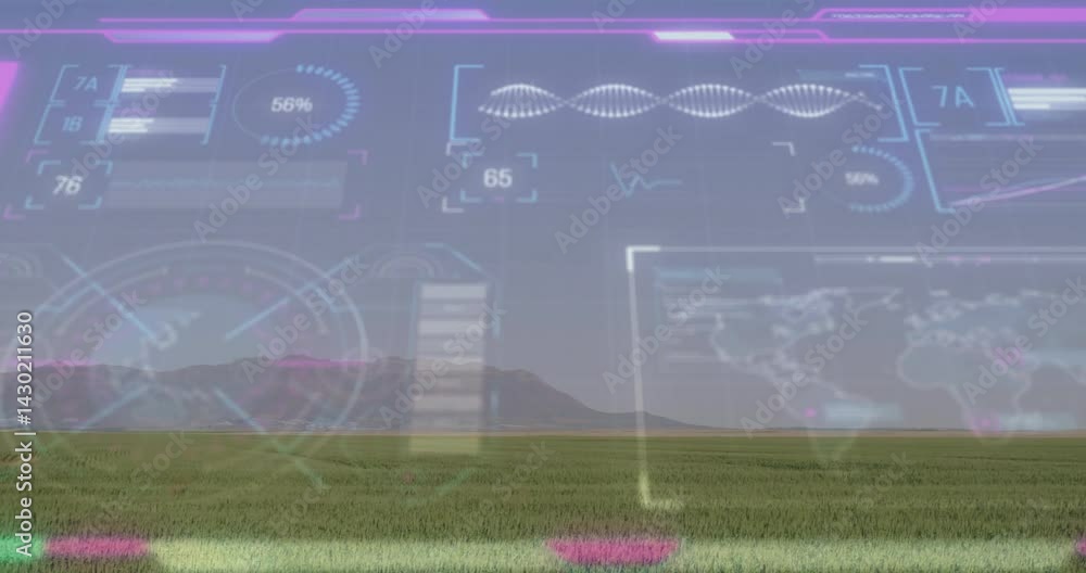 Aufkleber open field displaying futuristic hud over ridge, showing bar charts, line graphs and gauges