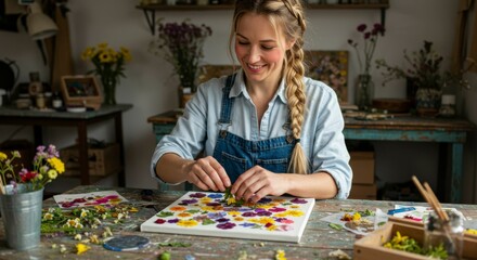 Woman arranges pressed flowers on canvas