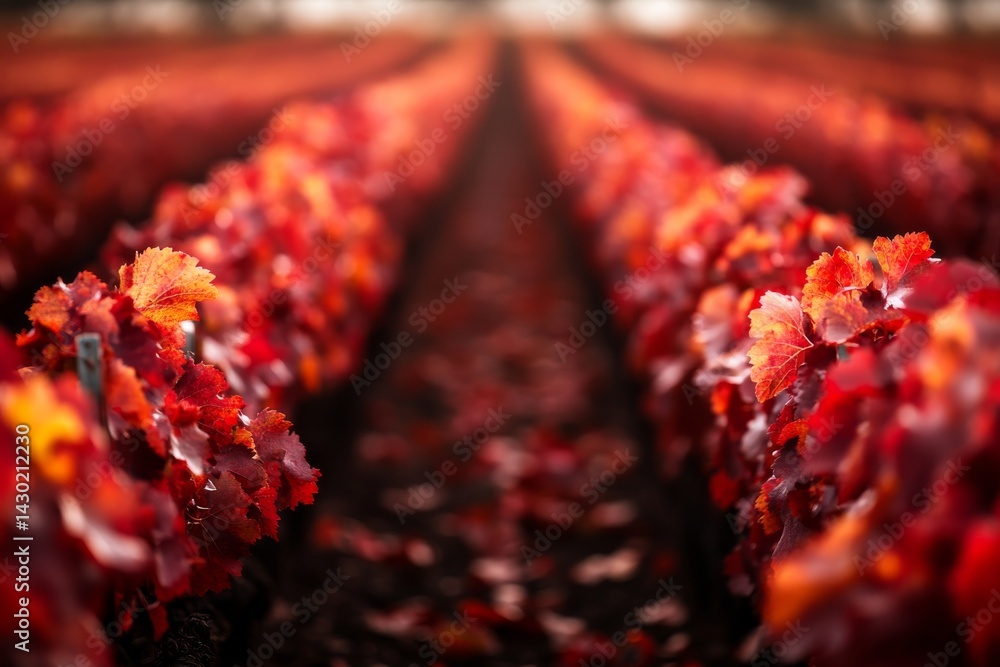 Poster grape vines stretch across the landscape, displaying a stunning array of red and orange foliage, cre