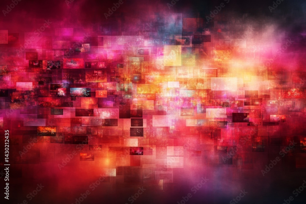 Fototapete An abstract grid displays streaming media images with dynamic colors transitioning throughout. Copy space on the right allows for content integration and branding