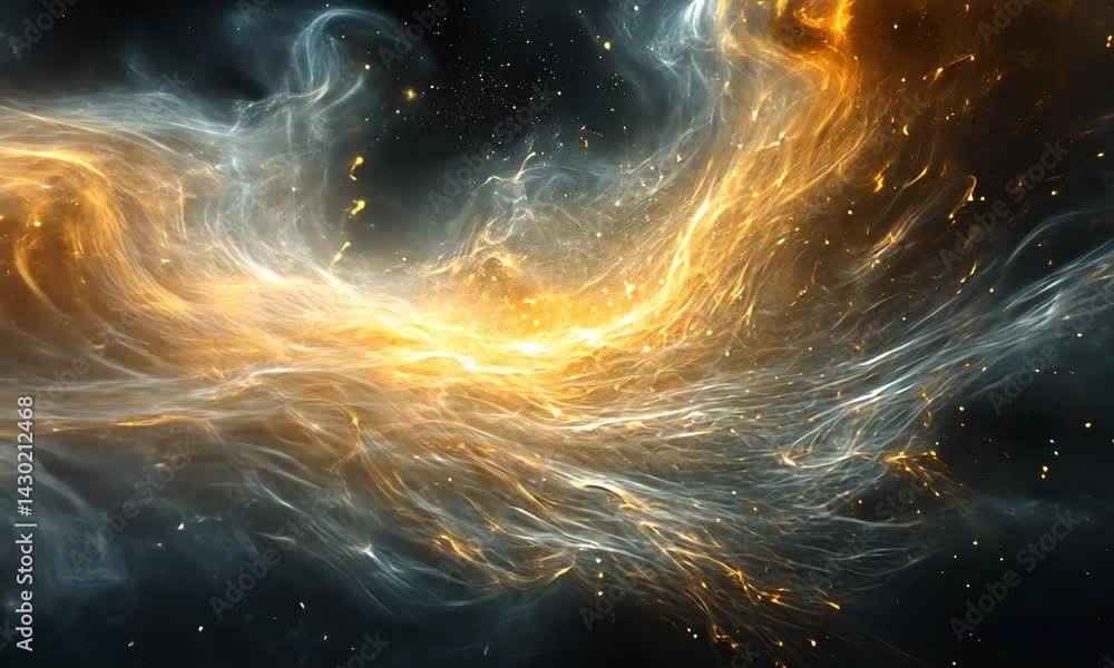 Poster abstract cosmic swirl of golden and blue hues, creating a mesmerizing visual effect in space