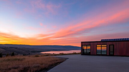 Fototapeta premium A modern shipping container home features a solar-paneled roof with stunning lakeside views and distant hills as the golden hour sky casts a warm glow