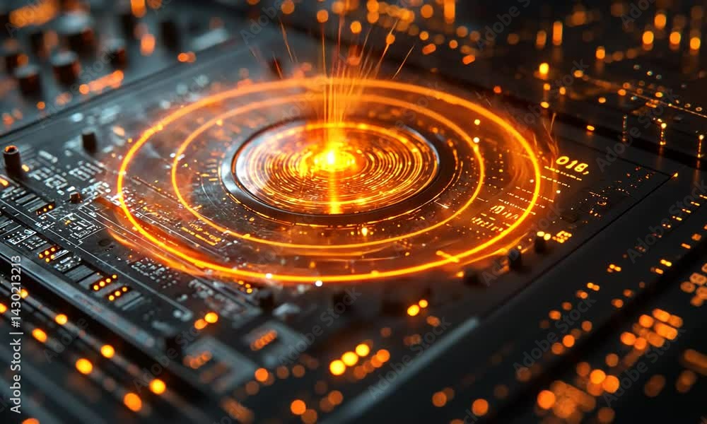 Poster abstract digital circuit board with glowing orange lights and intricate patterns, symbolizing techno