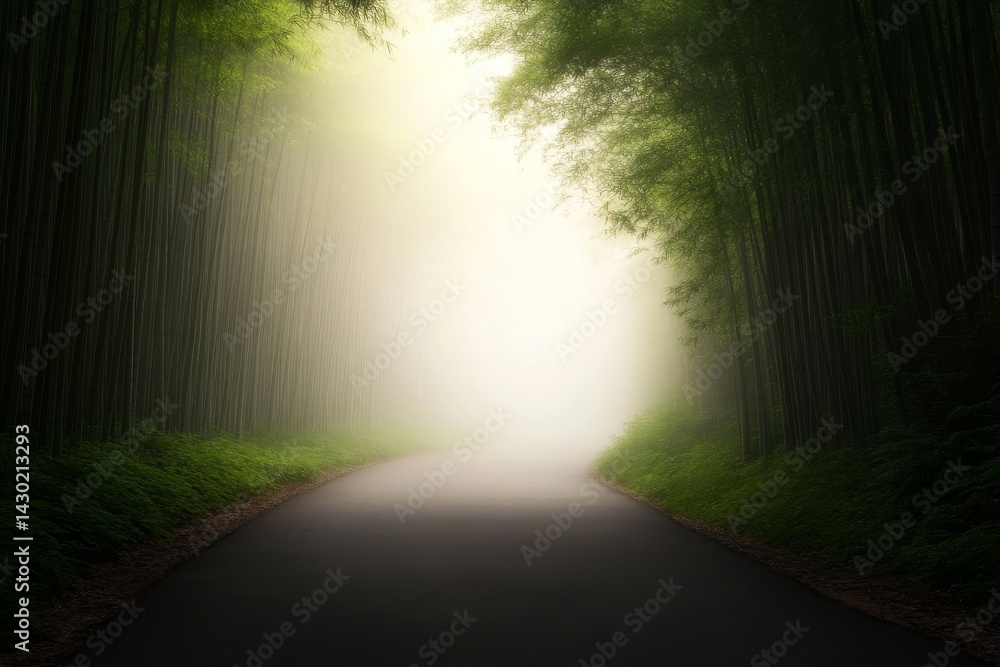 Poster a mist-covered path winds through towering bamboo stalks, creating a tranquil tunnel that beckons ad