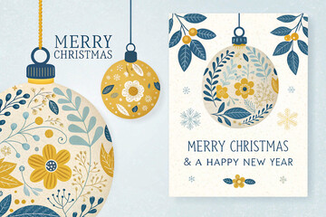 Representing the holiday season, two Christmas cards shaped like ornaments showcase yellow and blue floral designs and the message "Merry Christmas