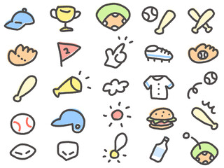 Hand drawn cute baseball icon set illustration