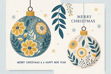 Featuring a round and a rectangular ornament-shaped card, the image displays festive floral patterns and holiday greetings in yellow, blue, and cream