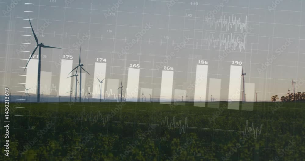 Poster wind turbines being visualized on green field, with translucent data overlay, bar charts, waveforms