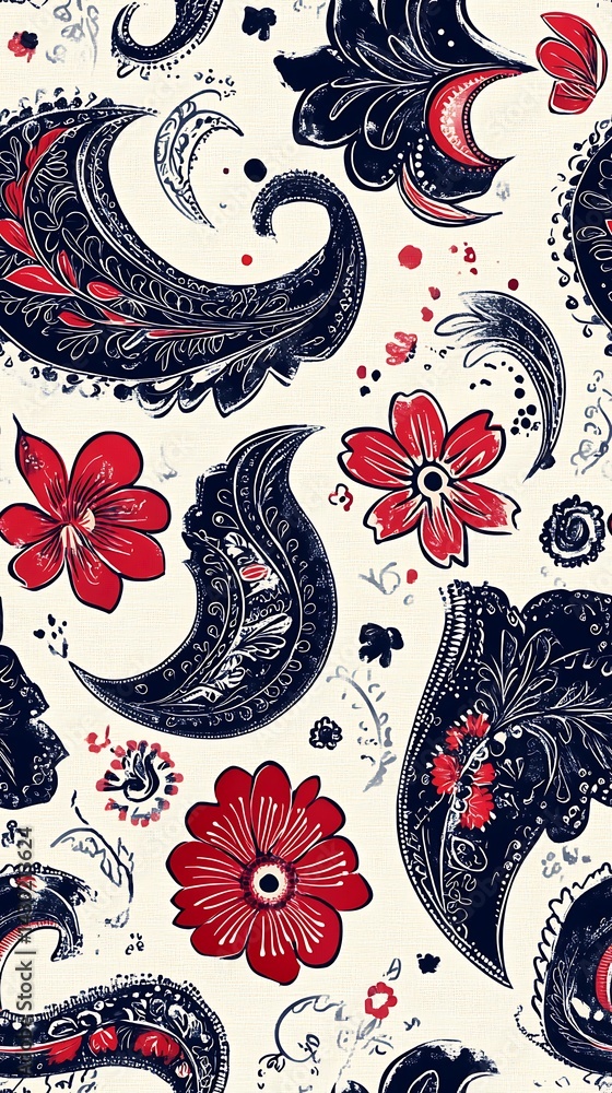 Poster a seamless pattern of paisley shapes with each shape filled with different shades or colors to creat