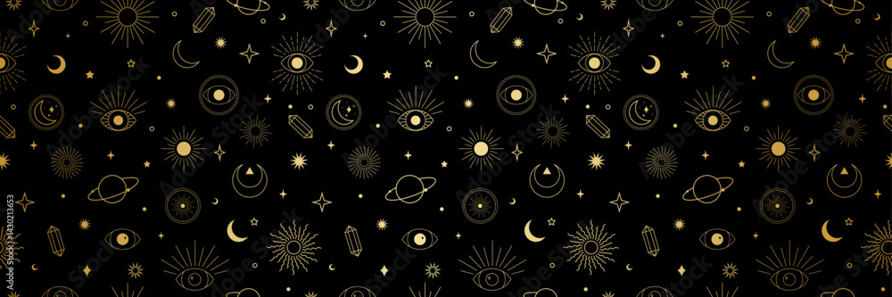 Poster black and gold gradient metallic celestial retro astrology vector pattern print banner, wide magical