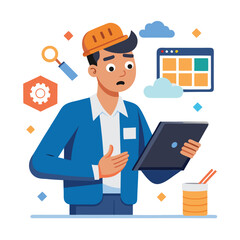 male engineer checks the program and discovers an error. Hand drawn style vector design illustrations.