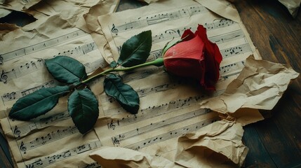 Faded sheet music and a single red rose.