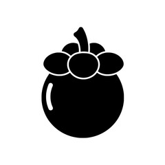 Mangosteen Icon: A simple, bold black silhouette icon of a mangosteen fruit. The icon features a round shape with a distinct stem and sepals, emphasizing the unique shape of this tropical fruit.
