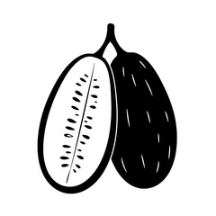 Cucumber Duo: A crisp black and white illustration showcases two fresh cucumbers, one whole and one elegantly sliced open to reveal its vibrant interior.