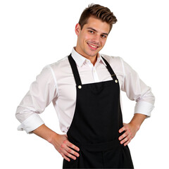 Fototapeta premium Smiling Young Caucasian Male Chef in White Shirt and Black Apron Posing Confidently with Hands on Hips Against a transparent background