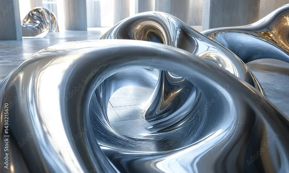 Aufkleber abstract metallic sculptures in a modern gallery, reflecting light and creating dynamic shapes
