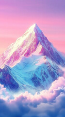 Obraz premium A mountain with a pink sky in the background. The mountain is covered in snow and the sky is a mix of pink and blue. Concept of serenity and tranquility, as the mountain stands tall
