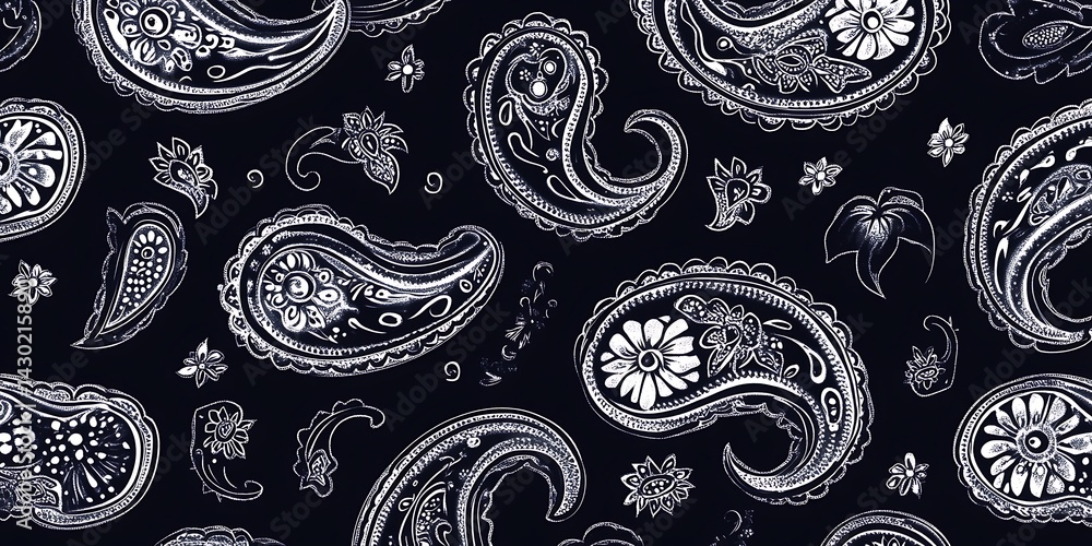 Poster a seamless pattern of paisley shapes with each shape filled with different shades or colors to creat