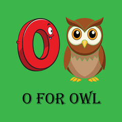 O for Owl vector image- Fun Alphabet Learning Picture for Kids on green background of vector illustration