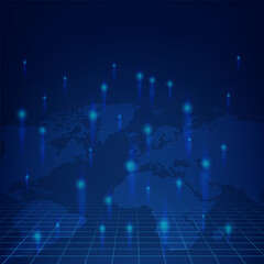 Futuristic digital world map with glowing data points and grid lines. Ideal for tech, network, or global business themes.