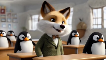 Fox Wearing Green Suit Standing in front of Class of Penguins in Classroom at Eye Level in this Stock Video