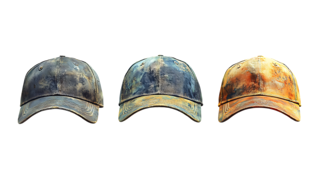 Tie-Dye Baseball Caps Against Transparent Background
