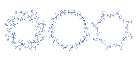 Mediterranean blue branches circle frame set. Hand drawn round line border, leaves and flowers, wedding invitation and cards, logo design and posters template. Elegant minimal style floral set