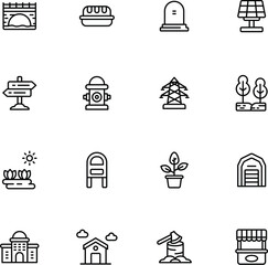 Village line landscapes with agricultural field and farm buildings. Linear farming vector concepts. Farmland and field, illustration of agriculture garden and plantation