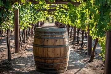 Obraz premium Wooden wine barrel stands amidst a vineyard's lush green canopy.