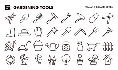 Gardening tool line icon set. Vector editable stroke icon.