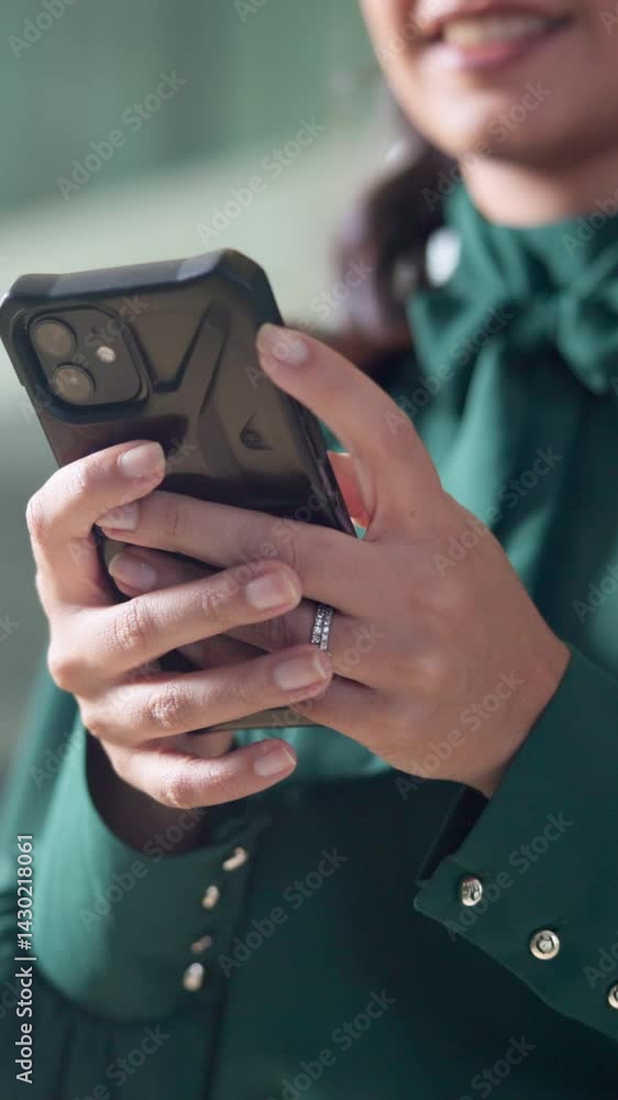 Poster business woman, hands and typing with phone in office for client chat, email response and networking